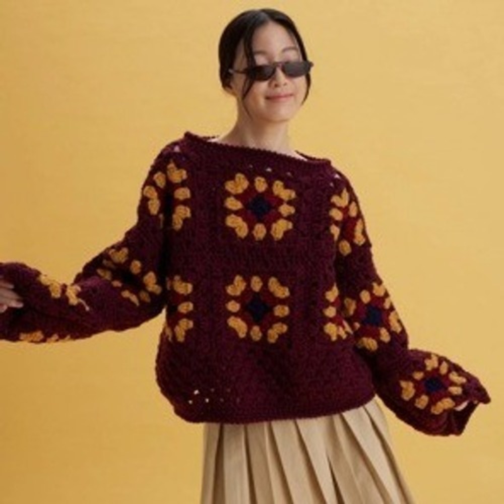 Society Mano Granny Square Crochet Sweater Burgundy‎ Small